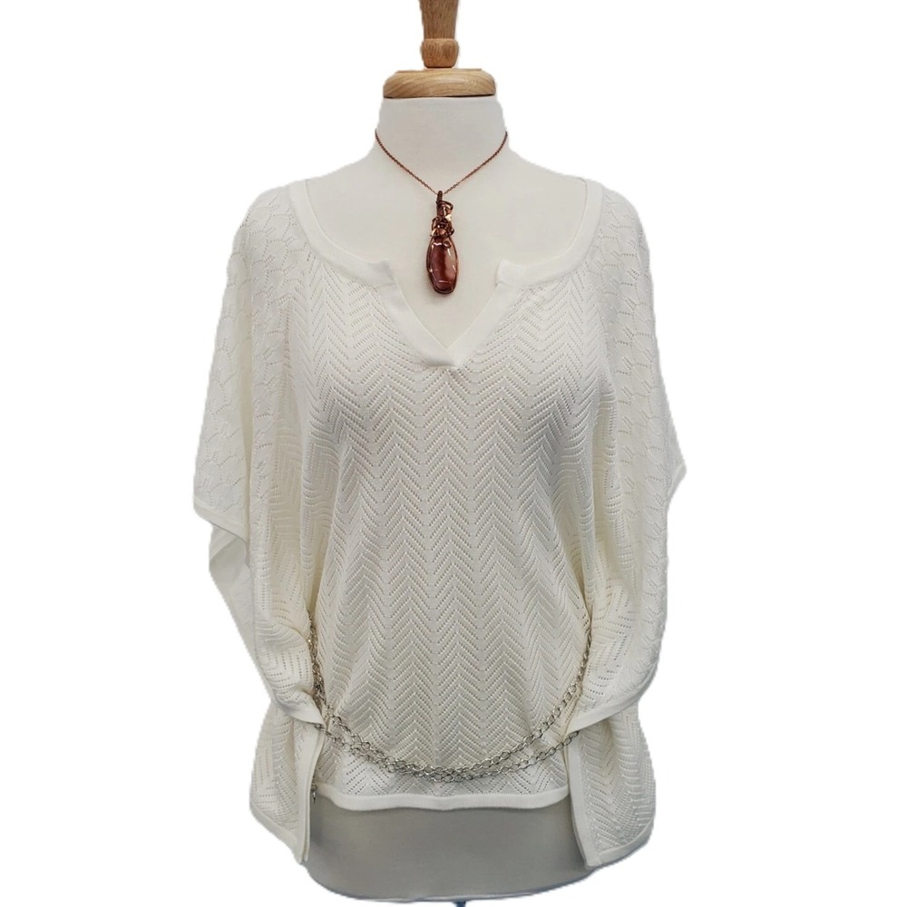 New York & Company Womens M White Knit Chain Hem Poncho‎ Top Lightweight